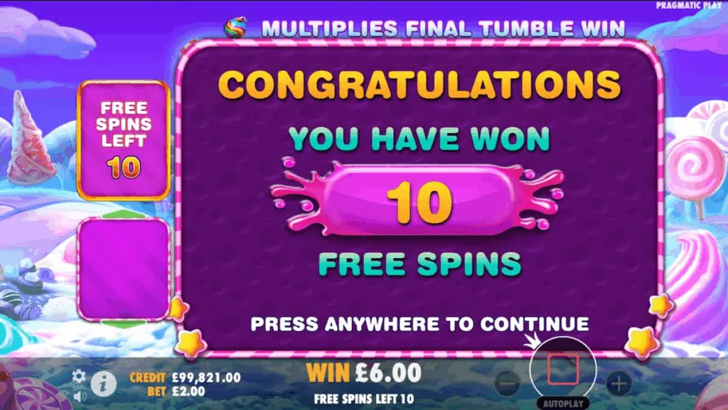 Sweet Bonanza free spins bonus round with winter wonderland theme and multiplier bombs